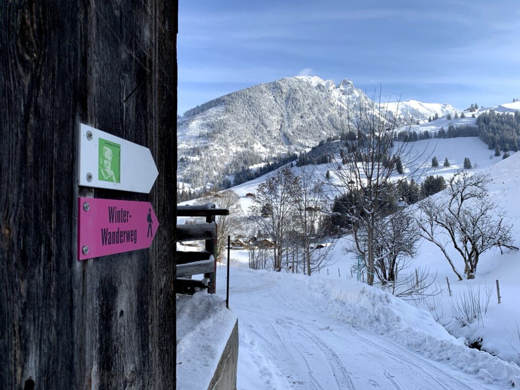 Winterwanderweg auf der Grimmialp mit Wegweiser, verschneiten Feldern und Bergpanorama