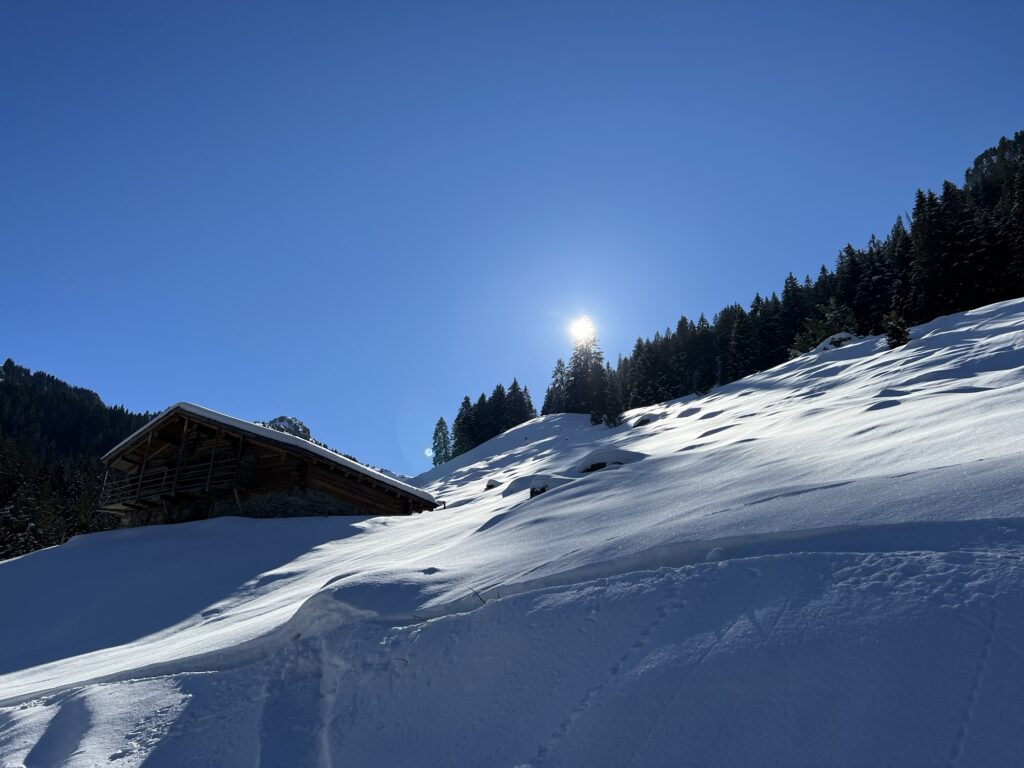 Alphütte im Winter auf der Grimmialp im Diemtigtal, verschneite Hänge und tief stehende Sonne im Hintergrund