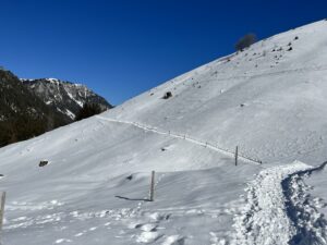 Schmaler Winterwanderpfad auf der Grimmialp im Diemtigtal über offene, verschneite Alpwiesen