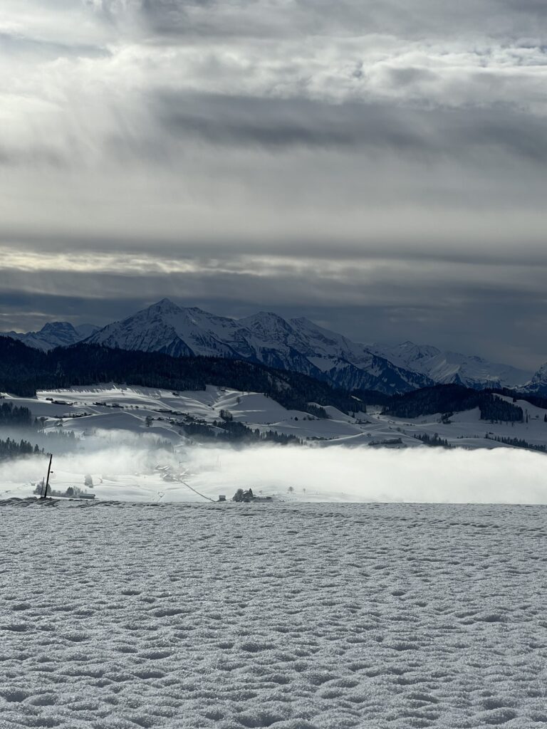Winterliche Weitblicke beim Wandern in Bern – Nebel über verschneiten Feldern und Berner Alpen