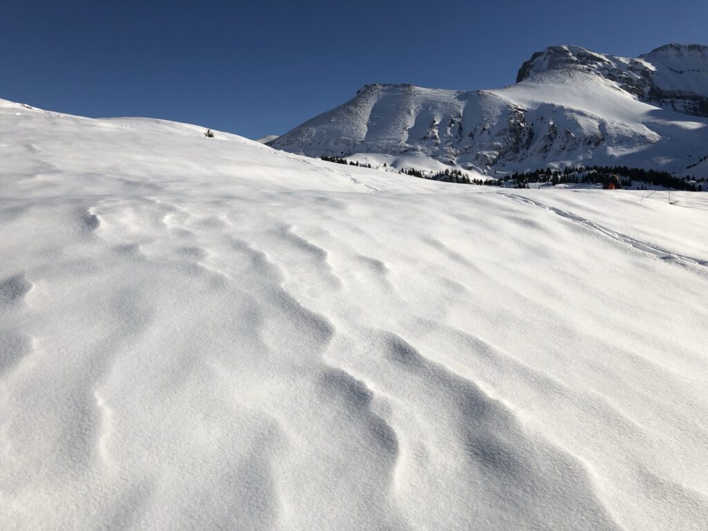 Verschneite Hochebene auf der Elsigen-Metsch mit Alphütte und Gipfelkulisse der Berner Alpen