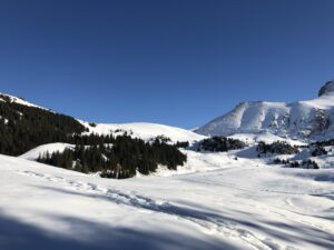 Präparierter Winterwanderweg auf der Elsigenalp mit Blick auf verschneite Berge im Berner Oberland