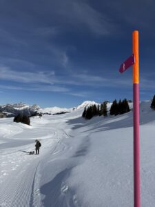 Wegweiser entlang des Winterwanderwegs auf dem Betelberg bei der Lenk mit Blick auf die verschneiten Alpen des Berner Oberlands.