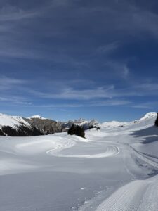 Winterlandschaft am Betelberg bei der Lenk mit geschwungenem Winterwanderweg durch die verschneite Hochebene.