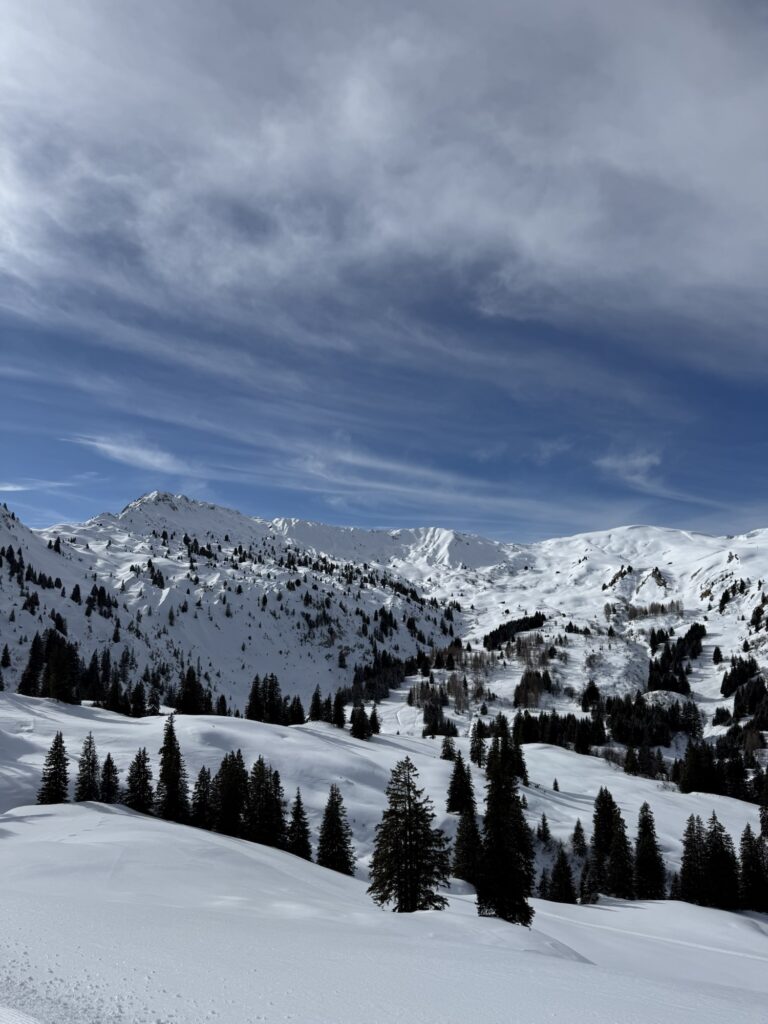 Verschneite Berglandschaft im Berner Oberland nahe Lenk mit Blick über das winterliche Tal.