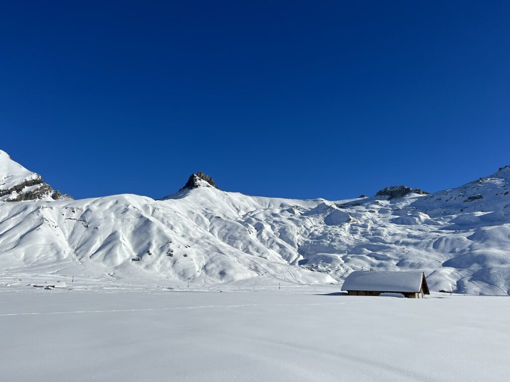 Weite Schneelandschaft auf der Engstligenalp mit Alphütte und sanften Bergflanken im Winter