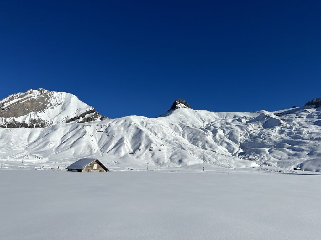 Winterliche Engstligenalp mit verschneiter Hochebene, einzelner Alphütte und Bergkette unter tiefblauem Himmel