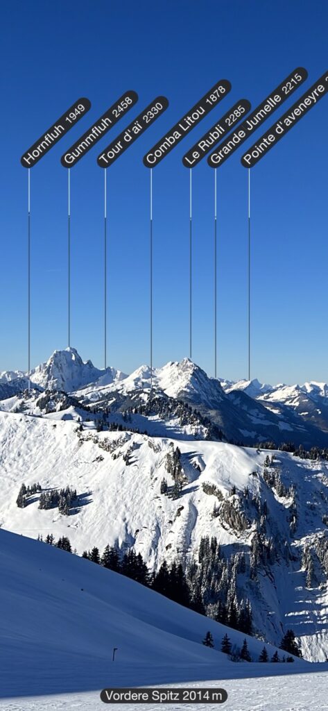 Winterliches Bergpanorama vom Rinderberg mit Sicht auf Gummfluh, Tour d’Aï und umliegende Gipfel