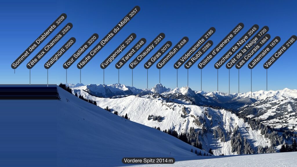 Panorama vom Rinderberg mit beschrifteter Bergsicht, Winterlandschaft und Blick über das Berner Oberland