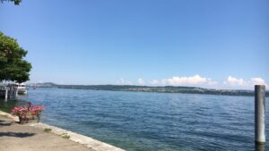 Blick vom Schiff über den Bielersee Richtung Uferlandschaft bei Twann