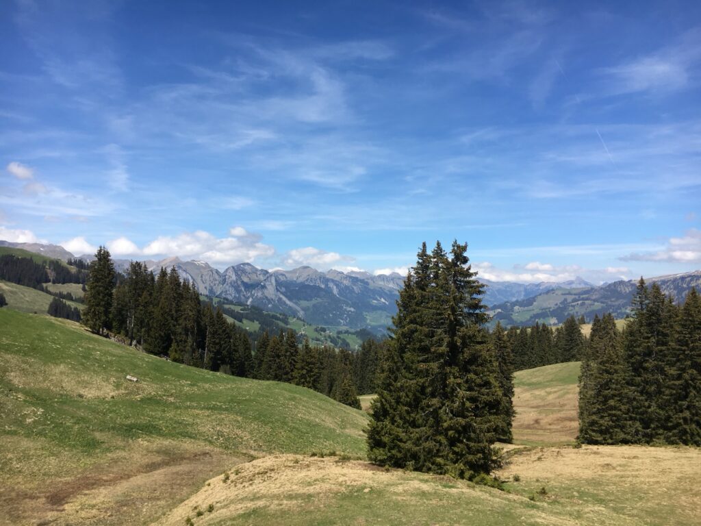 Weite Landschaft am Sparenmoos mit Blick auf die Berner Alpen beim Wandern in der Schweiz