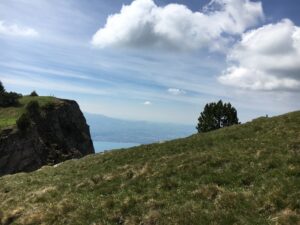 Grasiger Höhenzug mit Blick auf den Thunersee bei der Niederhorn Wanderung