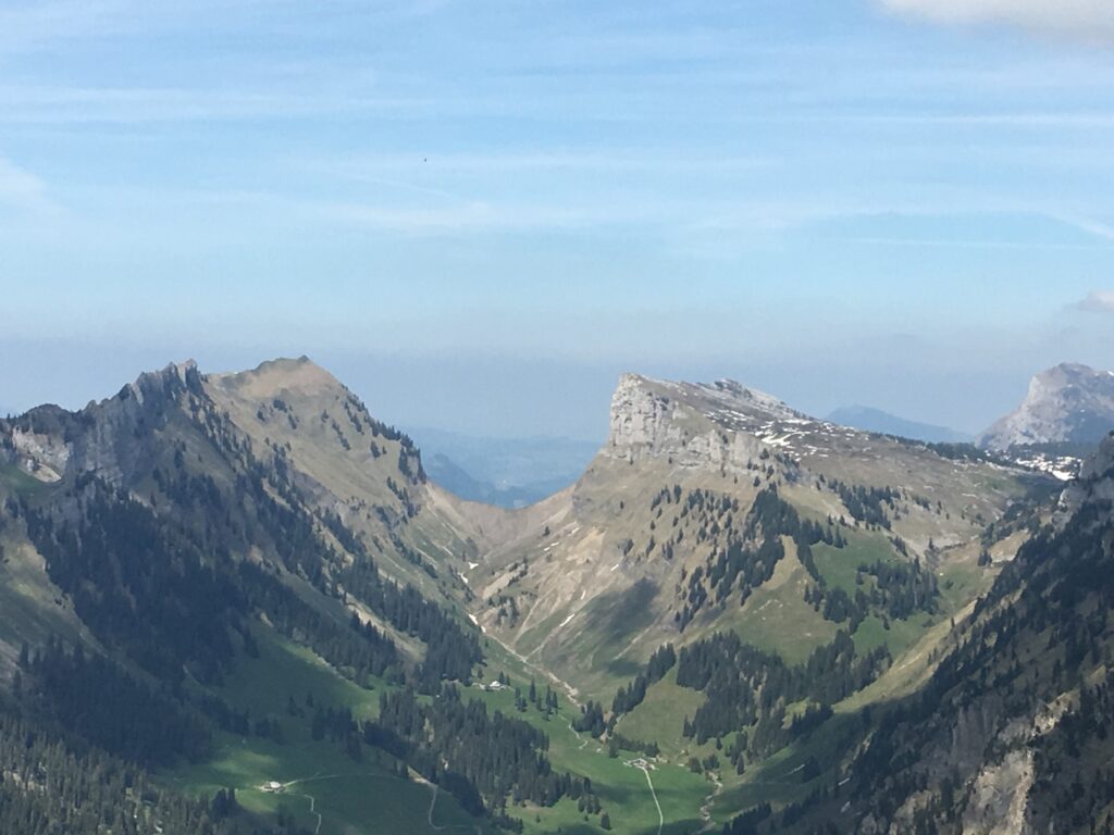 Detailblick auf alpine Berglandschaft mit Wanderwegen und Alpwiesen