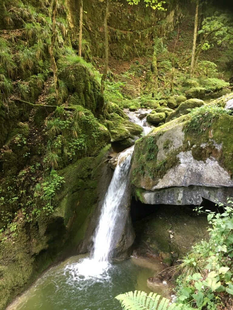 Kleiner Wasserfall zwischen Felsen in der Twannbachschlucht am Bielersee