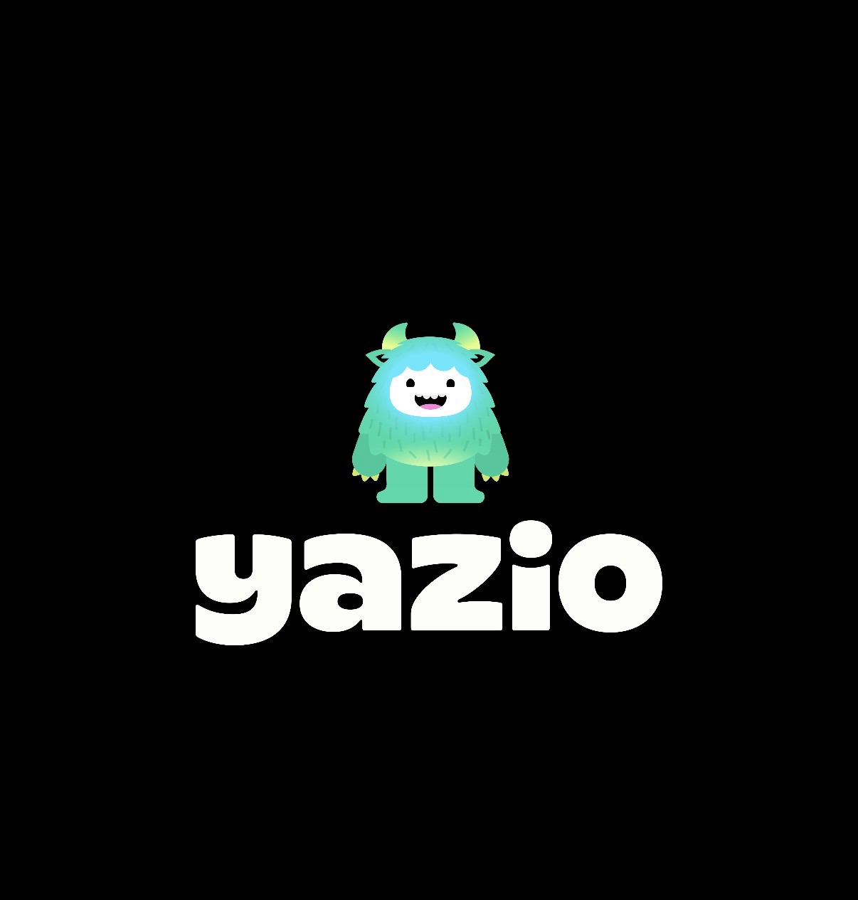 Logo der App Yazio mit einem kleinen türkis-grünen Monster über dem Schriftzug „yazio“ auf schwarzem Hintergrund.