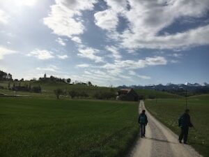 Wanderweg durch offene Landschaft Richtung Thun mit Blick auf Felder und Berge im Berner Oberland