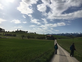 Wanderweg durch offene Landschaft Richtung Thun mit Blick auf Felder und Berge im Berner Oberland