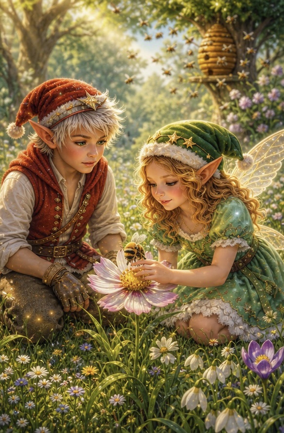 Die beiden Elfenkinder knien in einer Blumenwiese und kümmern sich behutsam um eine erschöpfte Biene auf einer Blüte. Im Hintergrund ist ein Bienenstock zu sehen, während goldene Lichtfunken die Szene durchziehen und eine ruhige, zauberhafte Stimmung erzeugen.