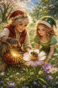 Zwei liebevoll illustrierte Elfenkinder sitzen in einer blühenden Frühlingswiese. Der Junge hält einen leuchtenden Funkenbeutel, während beide neugierig eine kleine Biene auf einer Blüte betrachten. Um sie herum leuchten Blumen in sanften Farben und schaffen eine magische, warme Atmosphäre.