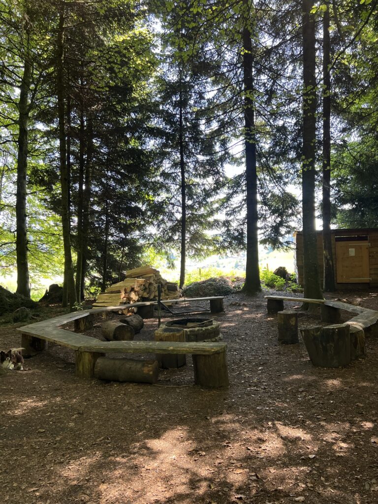 Feuerstelle und Rastplatz im Wald am Worbberg auf der Rundwanderung bei Bern