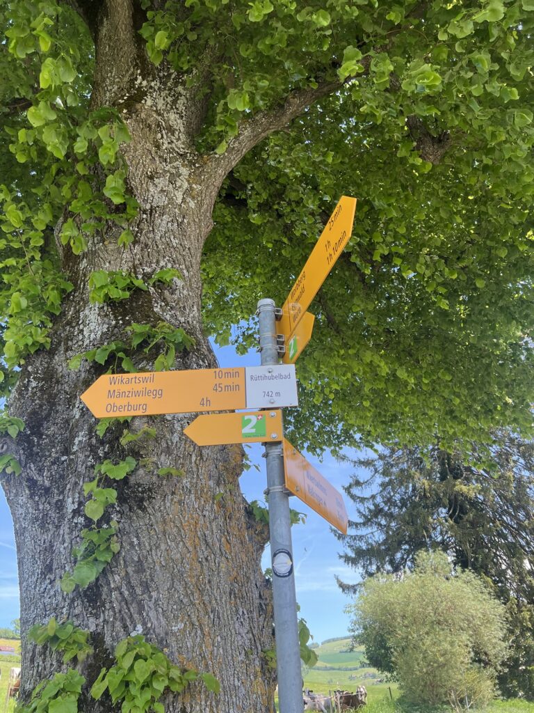 Wanderwegweiser Richtung Mänziwilegg und Oberburg bei der Wanderung ab Worb