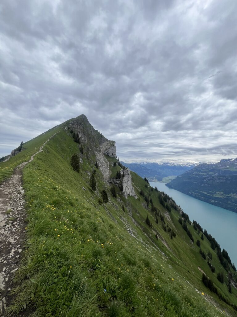 Schmaler Wanderweg auf einem grünen Berggrat mit Blick auf einen Schweizer See und dramatische Wolkenstimmung