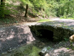Steinbrücke am Glütschbach bei Thun mit Bachlauf und Waldweg