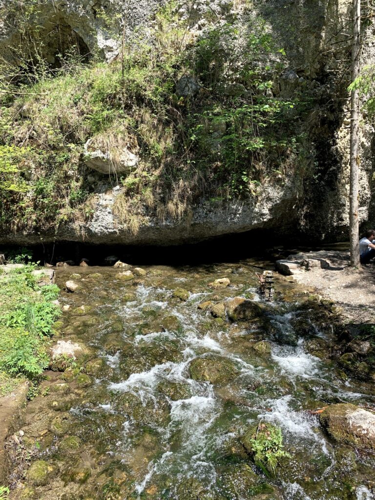 Bachlauf am Glütschbach bei Thun mit Steinen und kleiner Felswand im Hintergrund