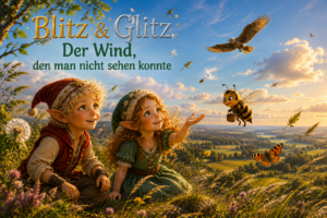 Blitz und Glitz entdecken mit Mavi auf einem windigen Hügel die unsichtbare Kraft des Sommerwinds.