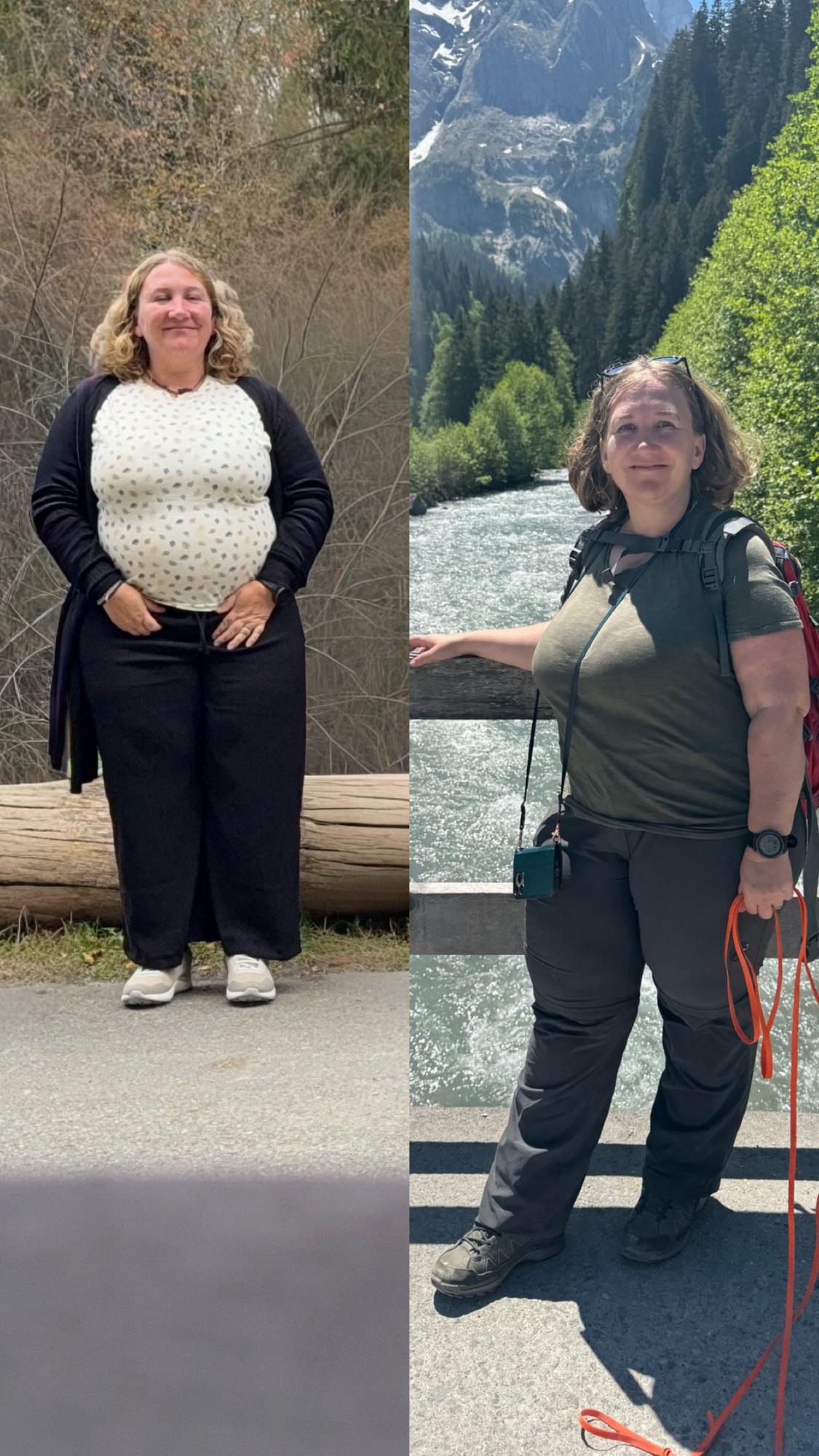 Vorher-Nachher-Vergleich nach 15 kg Abnahme mit derselben Frau vor einer Bergkulisse und an einem Fluss in den Schweizer Alpen.