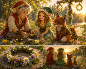Blitz und Glitz entdecken gemeinsam mit Nori und Mavi die Schönheit des Midsommar auf einer blühenden Waldlichtung.