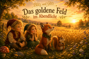 Blitz und Glitz geniessen mit Nori und Pip den Blick über ein goldenes Getreidefeld im warmen Abendlicht.