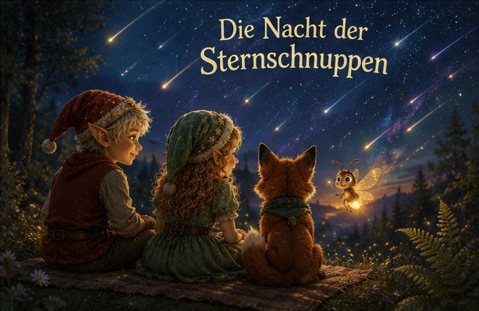 Blitz und Glitz beobachten mit Nori und Elio eine Sternschnuppennacht auf der Waldlichtung.