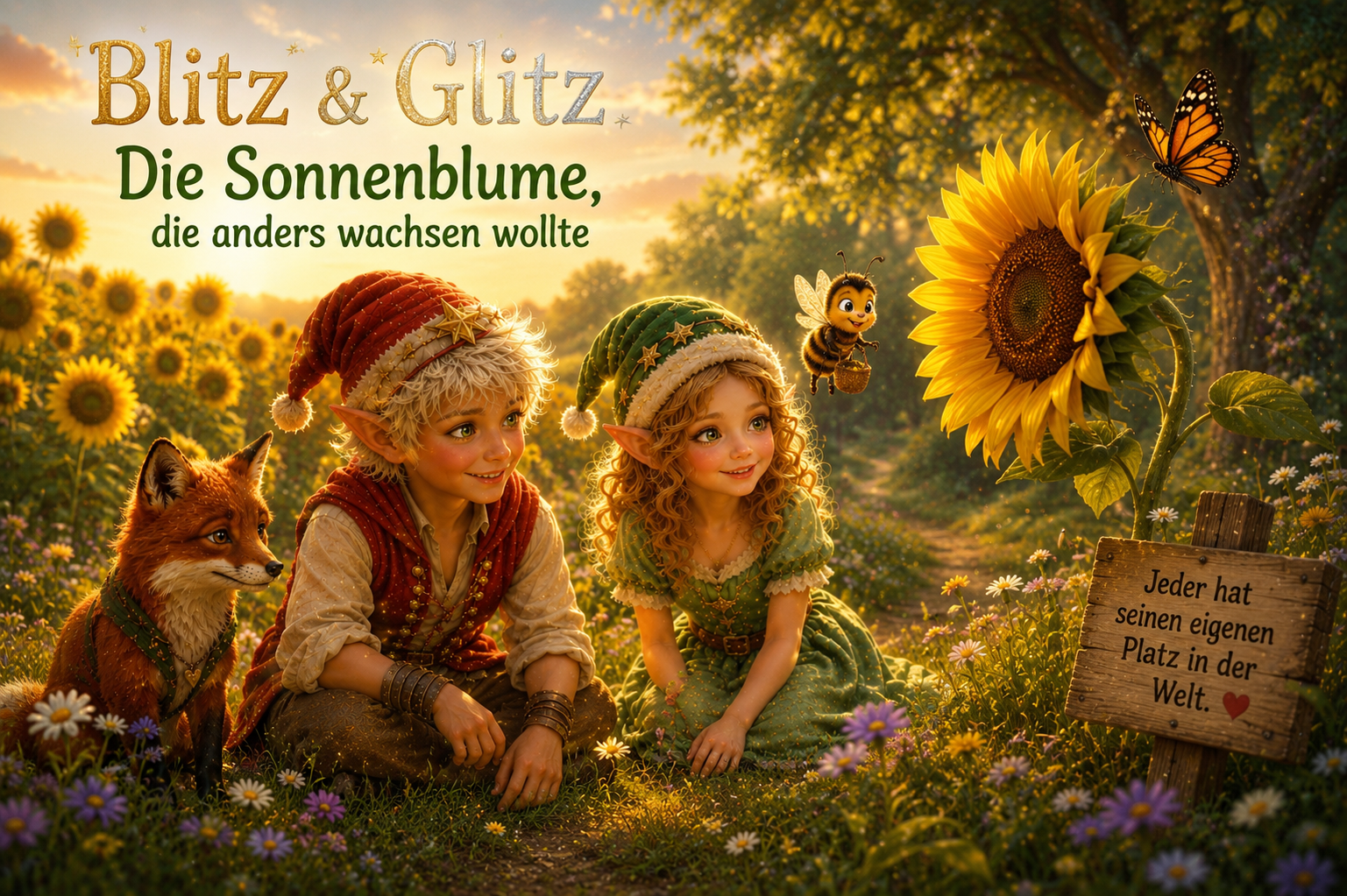 Blitz und Glitz entdecken gemeinsam mit Mavi eine Sonnenblume, die ihren ganz eigenen Platz im Sonnenblumenfeld gefunden hat.