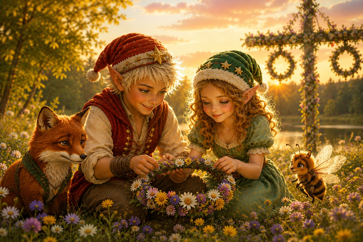 Blitz und Glitz binden mit Nori und Mavi einen Blumenkranz zum Midsommar auf einer sonnigen Waldlichtung.