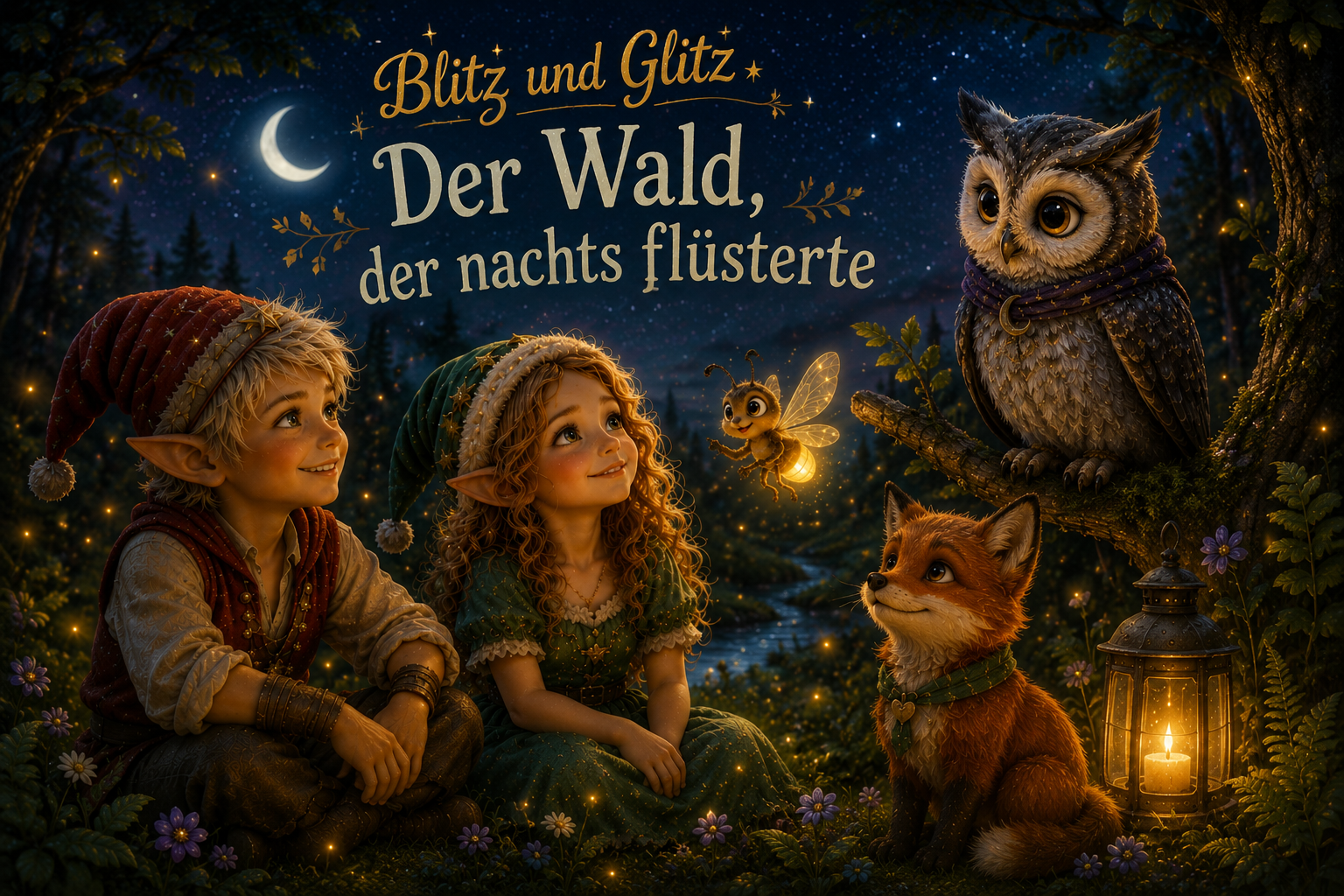 Blitz und Glitz lauschen gemeinsam mit Nori und Lumi den leisen Geräuschen des nächtlichen Waldes.
