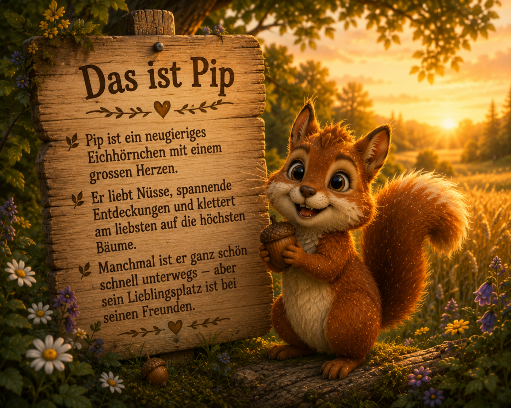 Pip, das neugierige Eichhörnchen, steht neben seinem Holzschild und hält eine Haselnuss in den Pfoten.