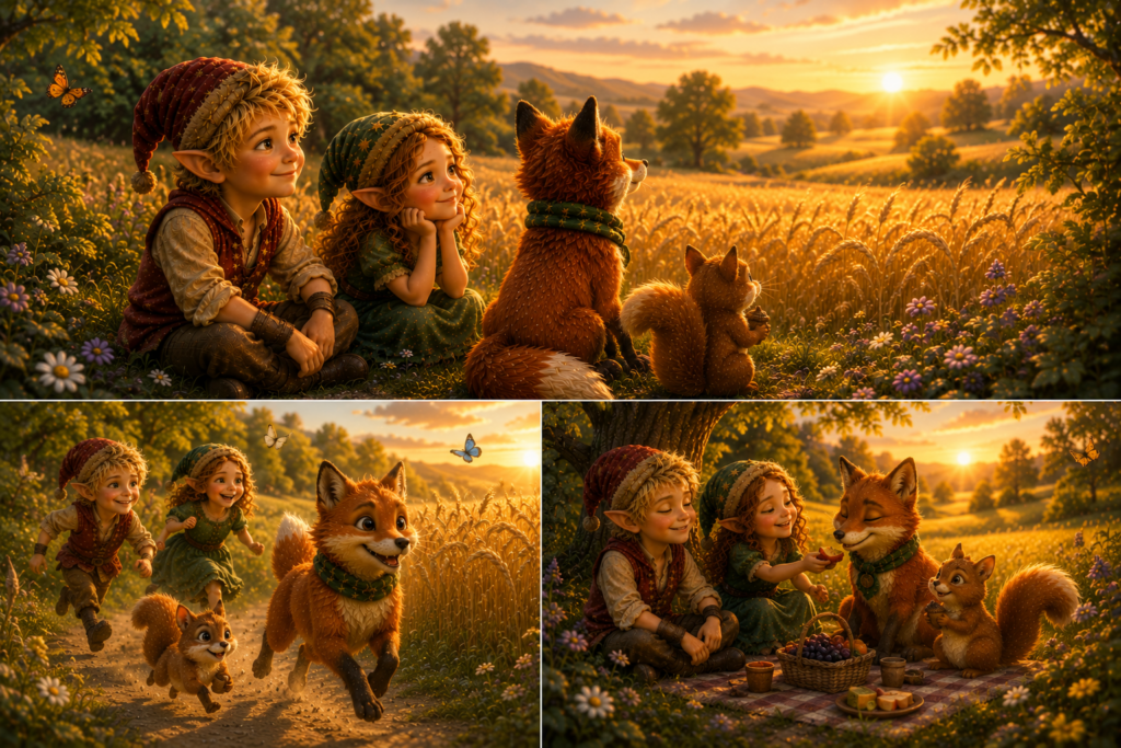 Blitz und Glitz erleben mit Nori und Pip einen unvergesslichen Sommerabend am goldenen Feld – sie geniessen den Sonnenuntergang, spielen gemeinsam und entdecken, dass Glück oft in den einfachen Momenten des Lebens liegt. 🌾☀️💛