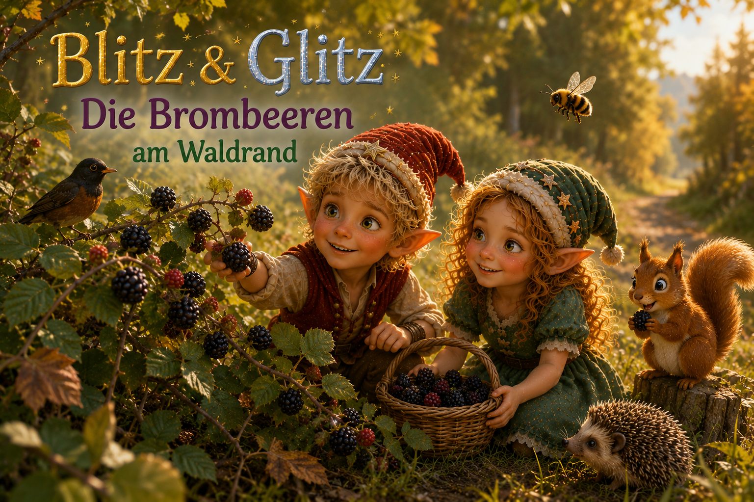 Blitz und Glitz entdecken gemeinsam mit Pip reife Brombeeren am sonnigen Waldrand und lernen, die Schätze der Natur zu teilen.
