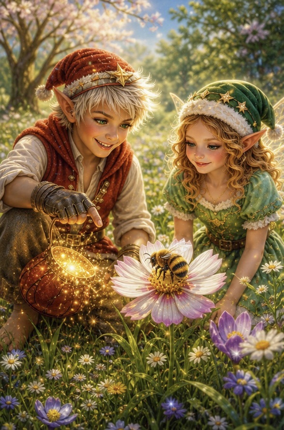 Blitz und Glitz begegnen Mavi auf einer blühenden Waldlichtung und erleben den Beginn der Geschichte „Die Flügel aus Mut“.