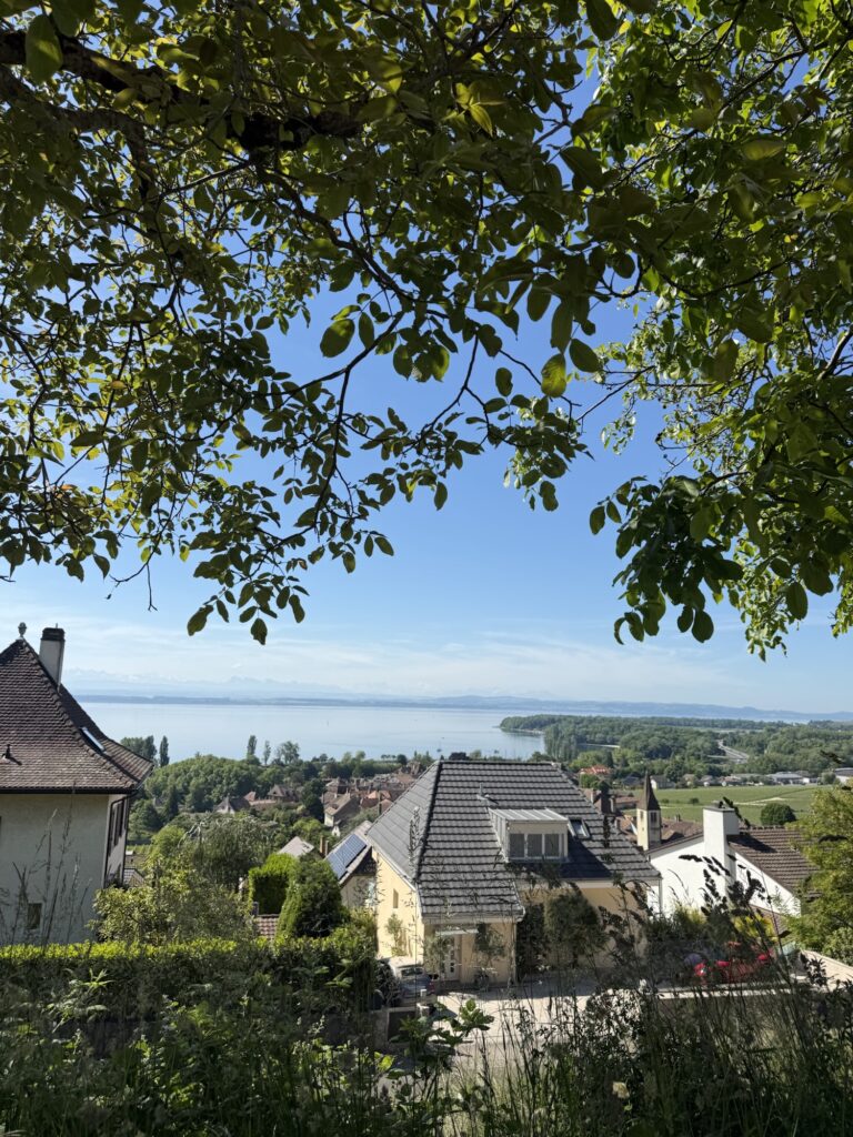 Aussicht über Boudry mit Blick auf den Neuenburgersee und die Alpen zu Beginn der Wanderung durch die Areuse-Schlucht.