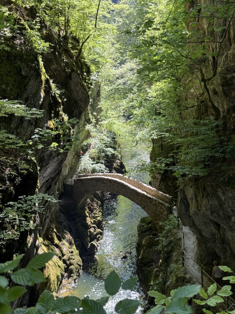 Historische Steinbrücke Pont de la Baleine über der türkis schimmernden Areuse in der engen Felsschlucht.